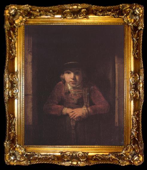 framed  Samuel van hoogstraten A Young Man wearing a Hat decorated with Pearls and a gold Medallion in a Half-Door (mk33), ta009-2
